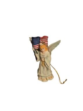Vintage 1986 Schmid Ceramic Porcelain? Angel Holding Flag Christmas Ornament